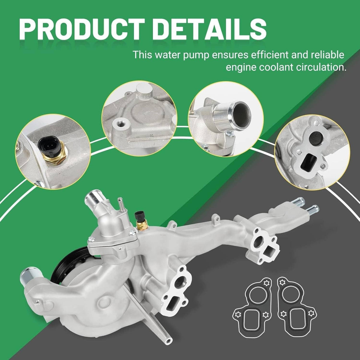 Water pump assembly with black pulley and silver housing, detail view insets