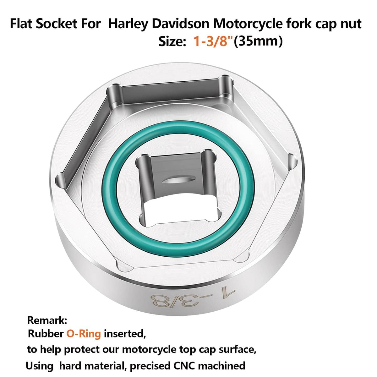 Flat silver 1-3/8 in fork cap nut socket, teal O-ring, hex drive opening
