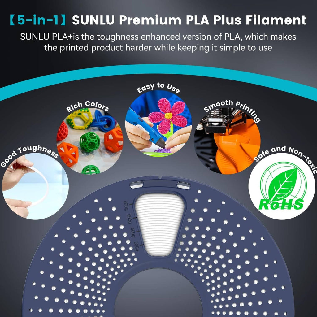 Premium PLA Plus filament reel, perforated gray spool with circular quality icons