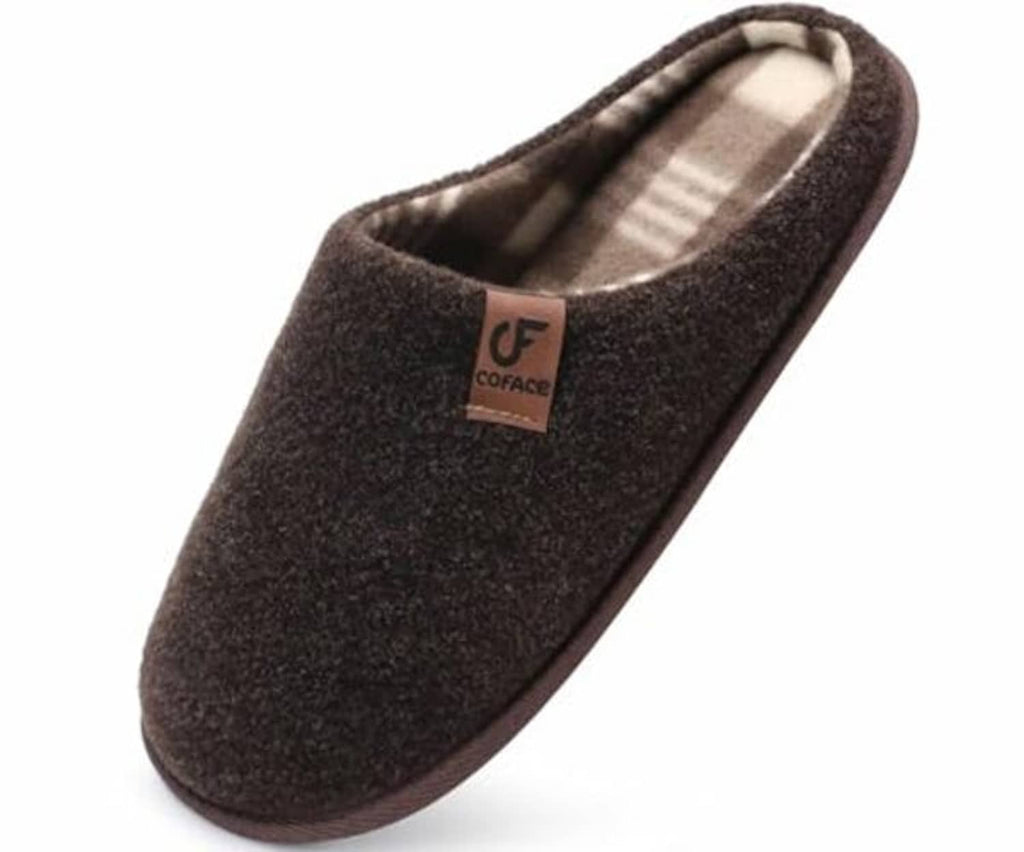 Dark brown felt slide slippers with fabric logo patch and plaid inner lining