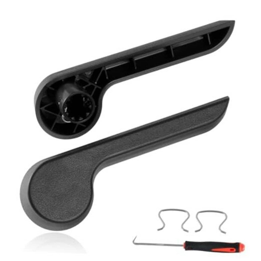 Black plastic seat recliner handle levers with textured grip and release lever, with tool