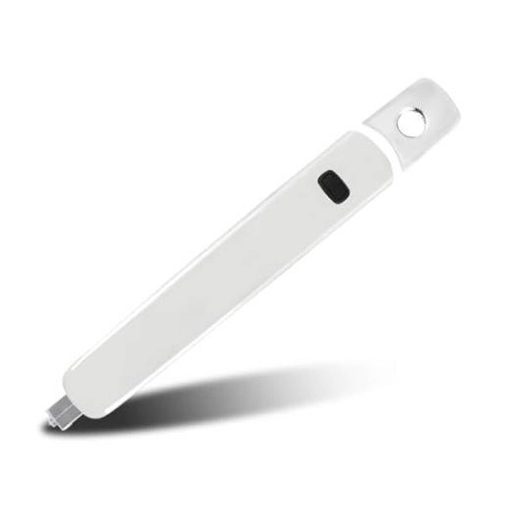 Front exterior door handle with keyhole, silver body and chrome accent