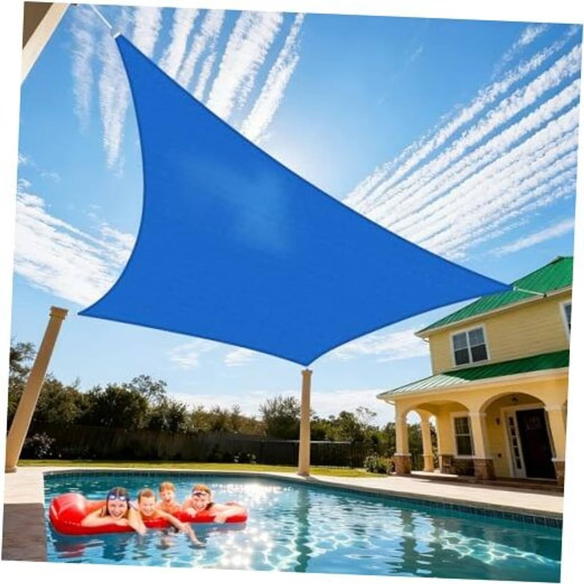 Blue rectangular sun shade sail with curved edges, stretched over a pool deck.