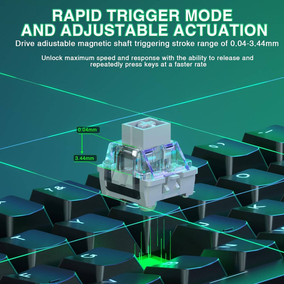 Black magnetic gaming keyboard showing rapid trigger adjustable actuation stroke