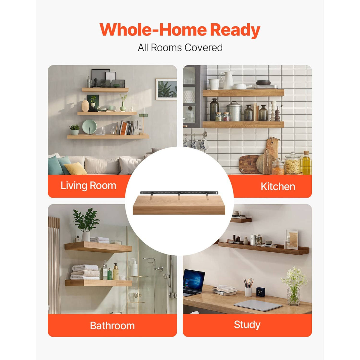 Floating shelf bracket under a wood shelf, shown for multiple room installations