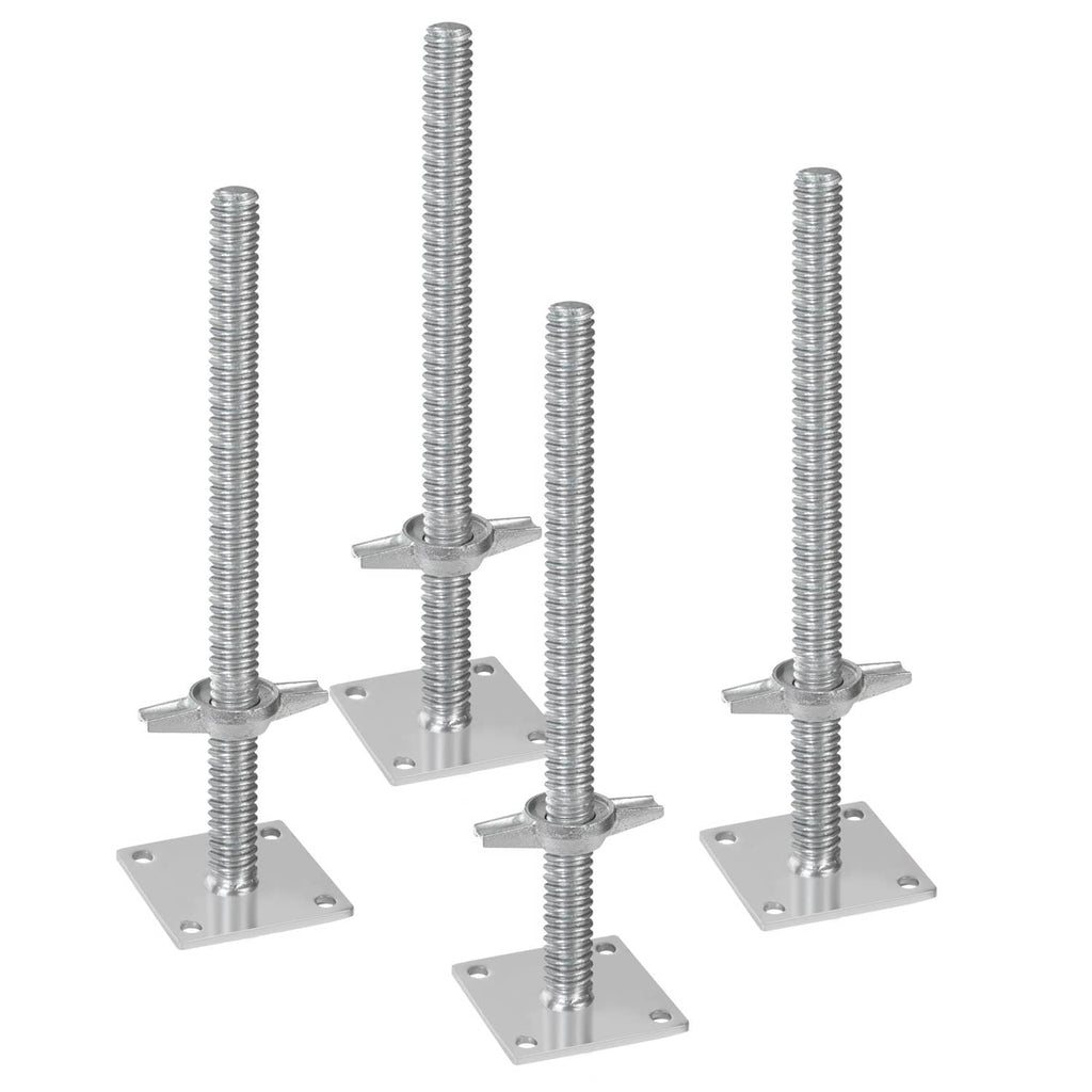 Four-pack leveling jacks with silver threaded screws and flat square mounting bases