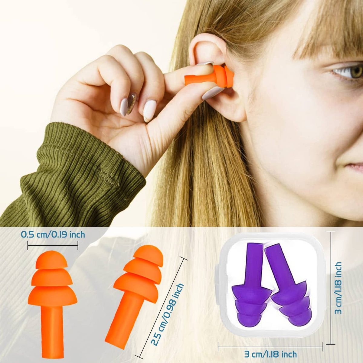 Orange and purple foam earplugs with size markers in a white case