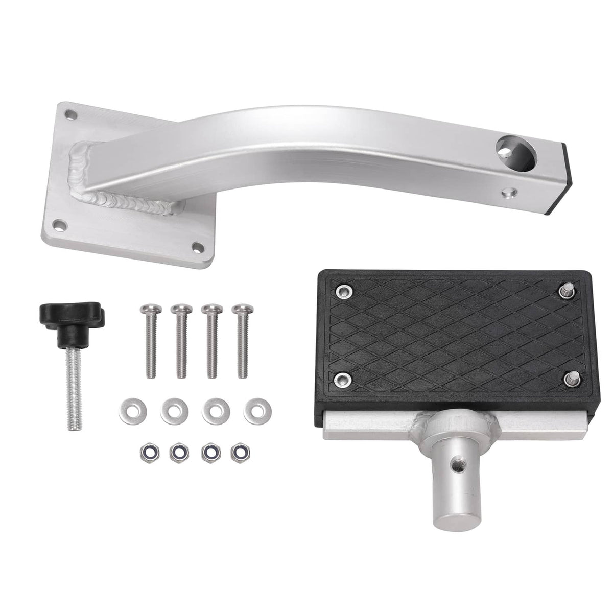 Painted trolling motor bracket kit with black pad and stainless hardware pieces