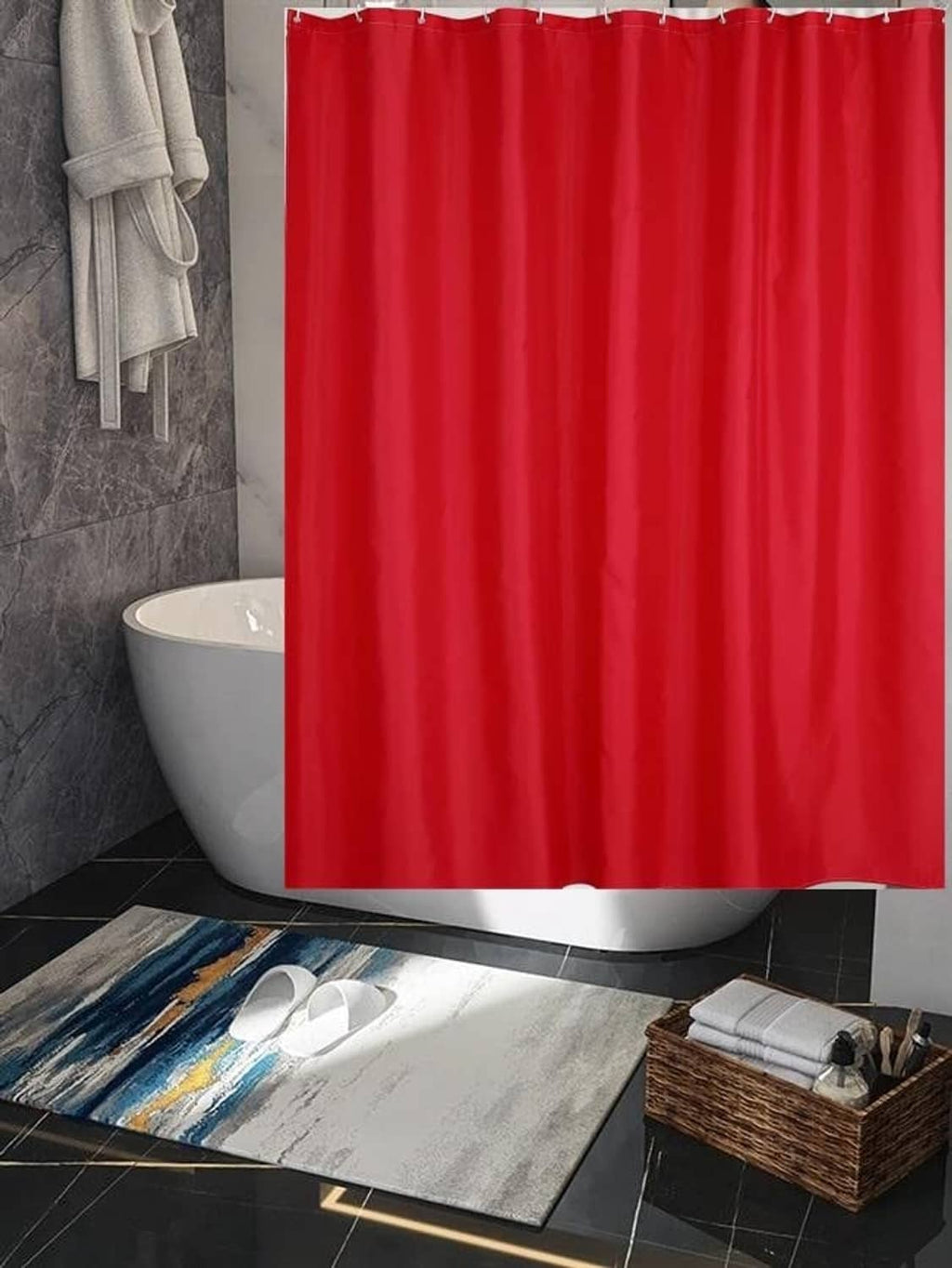 Red water-repellent shower curtain with stitched grommet holes along the top hem