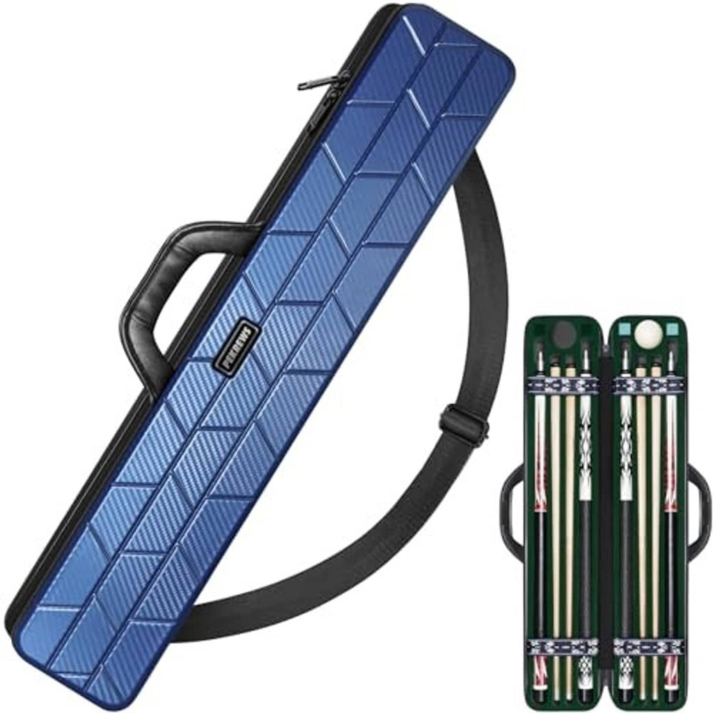 Blue hard shell pool cue case with black carry handle and shoulder strap