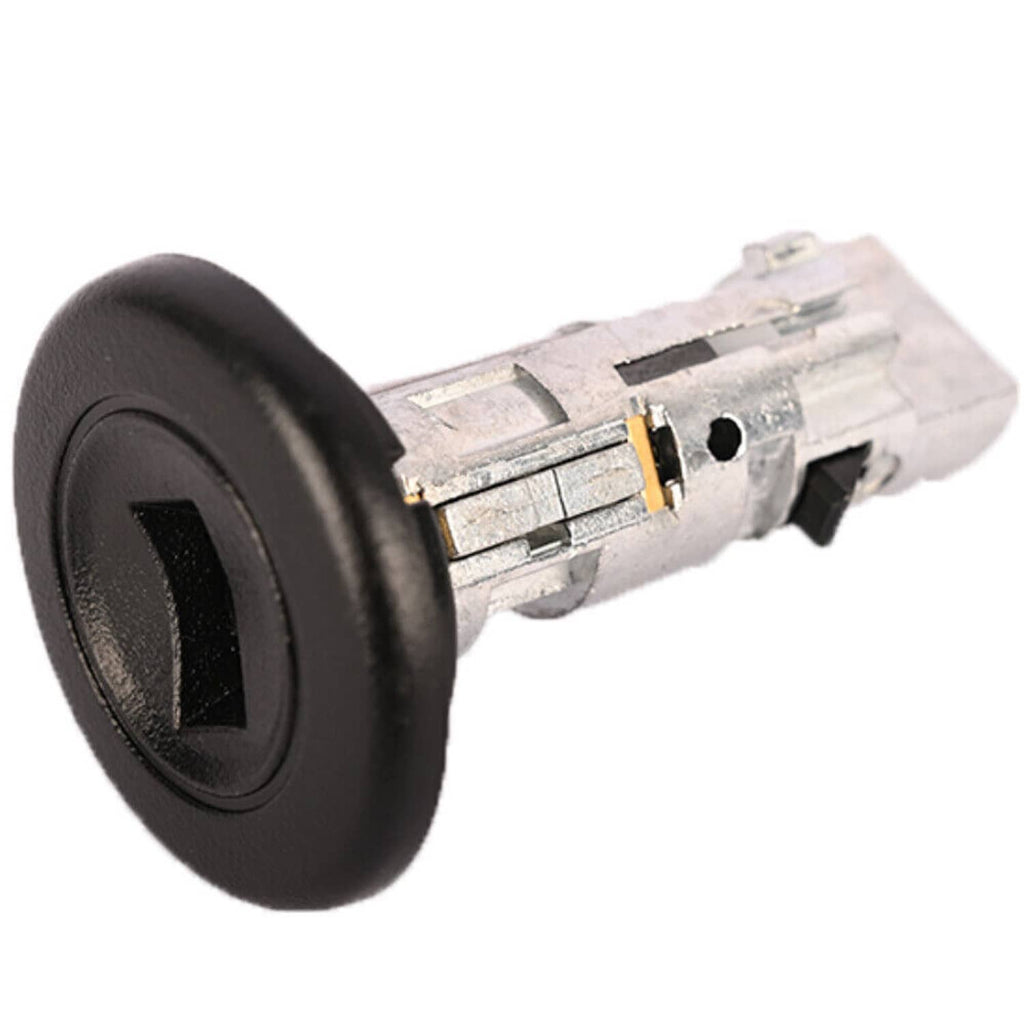 Ignition lock cylinder front view with key, black bezel and silver metal barrel