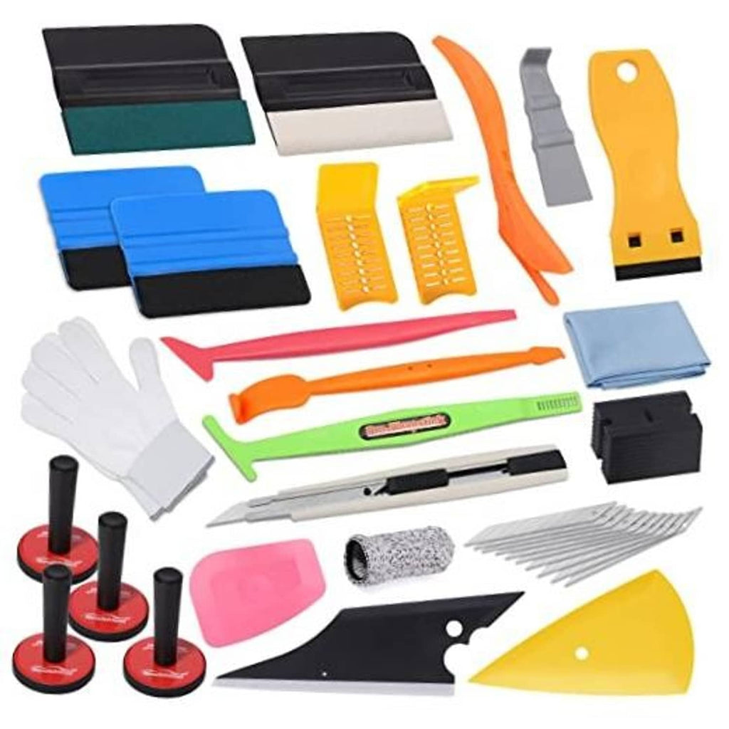 Window tint applicator tool kit with squeegees, gloves, blades, rollers, and felt pads