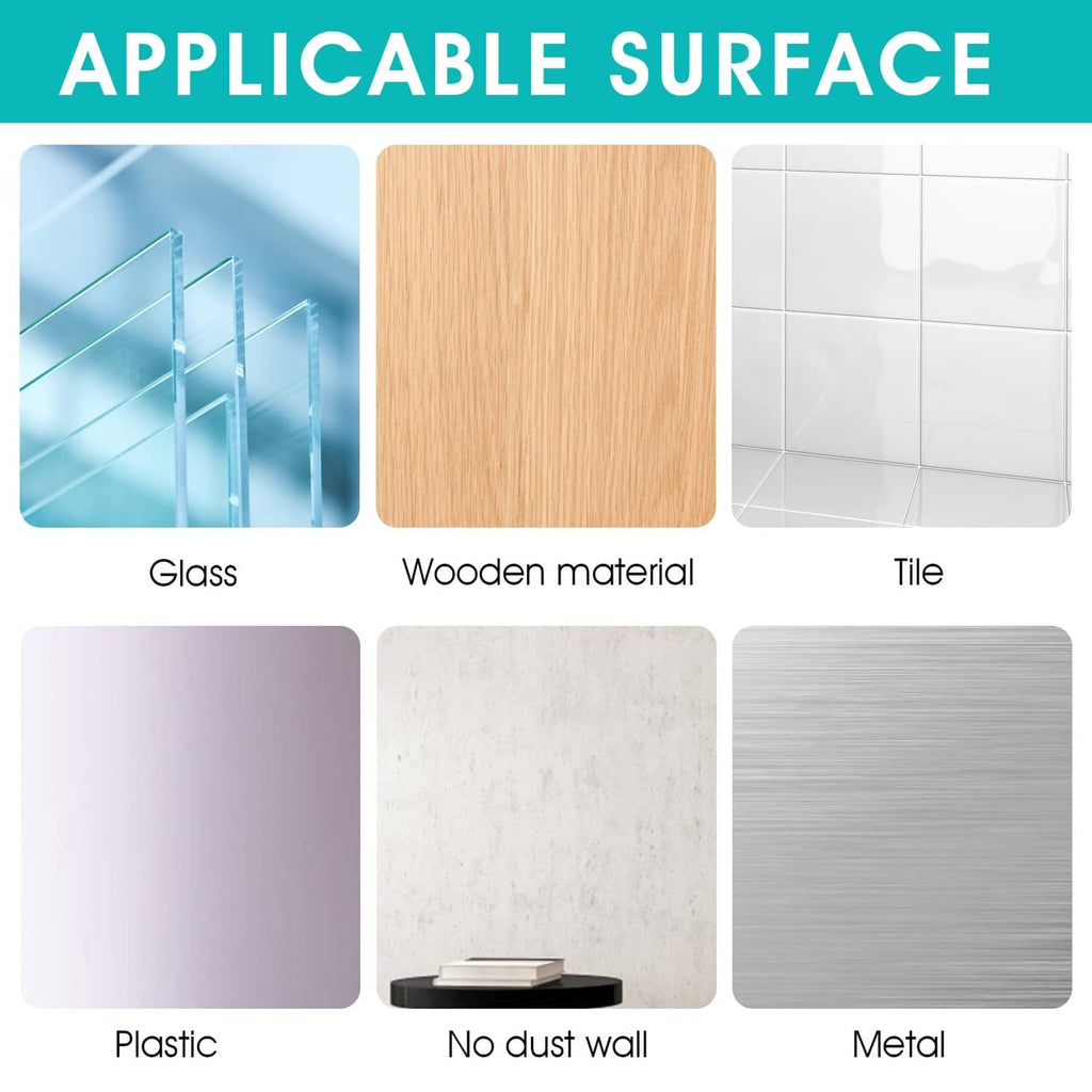 Adhesive hook compatible surfaces chart: glass, wood, tile, plastic, metal