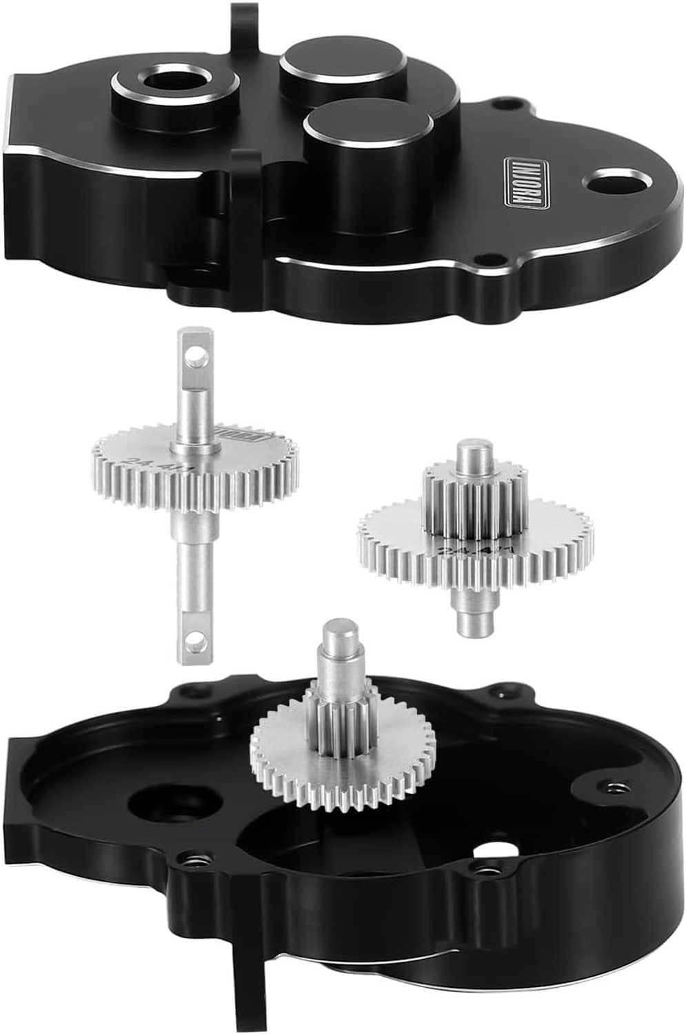 INJORA black CNC transmission housing with internal gears and steel drive parts