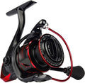 Black and red spinning fishing reel with curved handle and spool