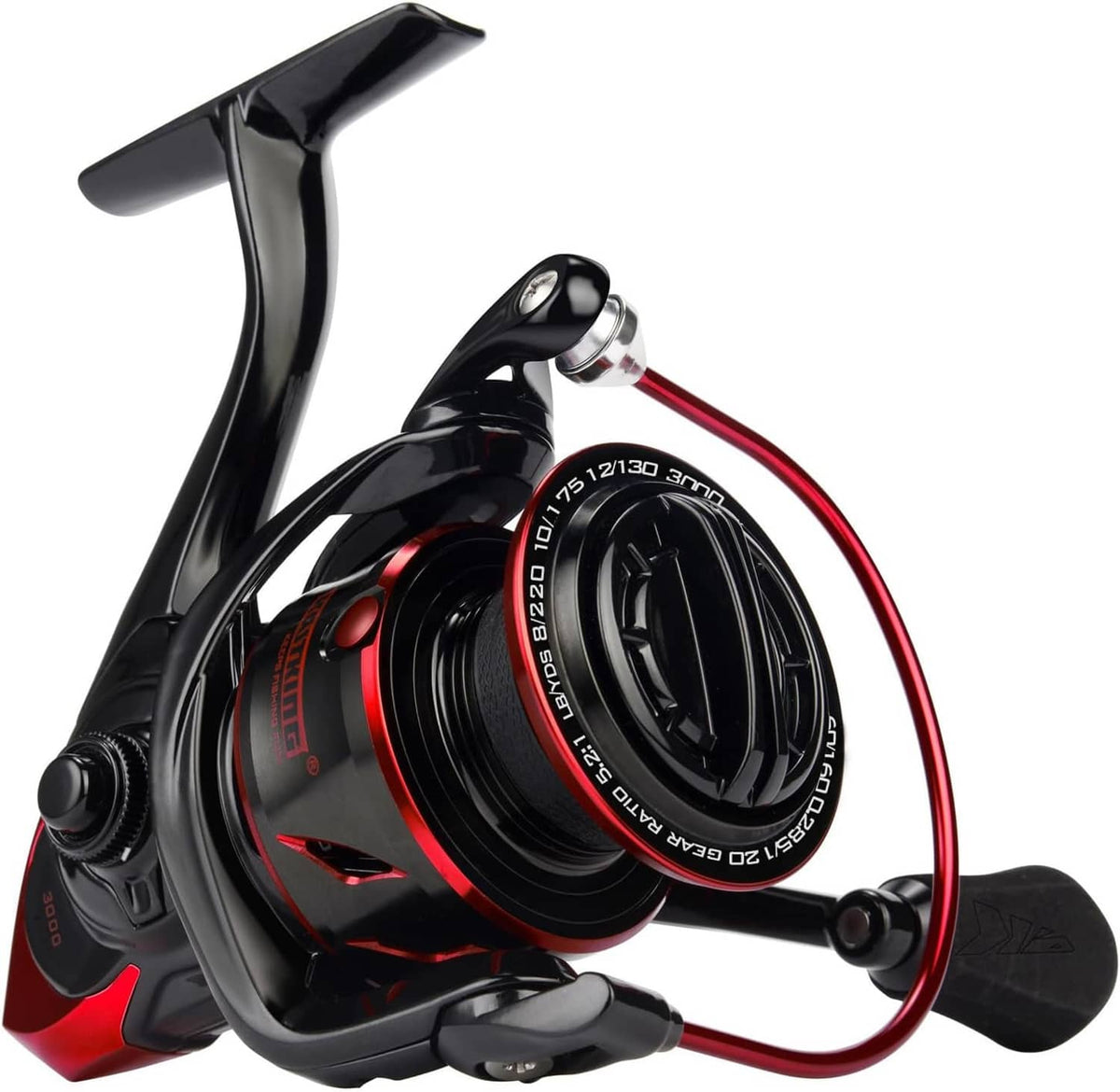 Black and red spinning fishing reel with curved handle and spool