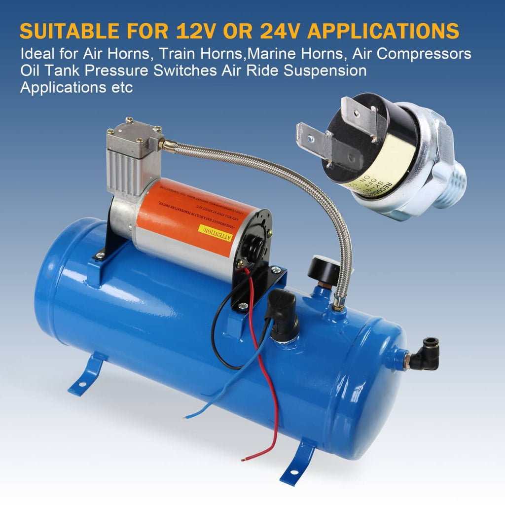 Air pressure switch valve mounted on a blue air compressor tank with wiring leads