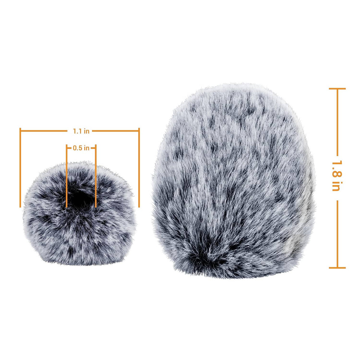 Grey furry windscreen muff with size diagram for microphone cover