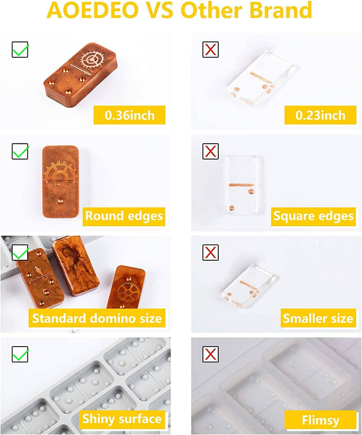 Domino resin casting mold with round-edged brown domino blocks and size comparison