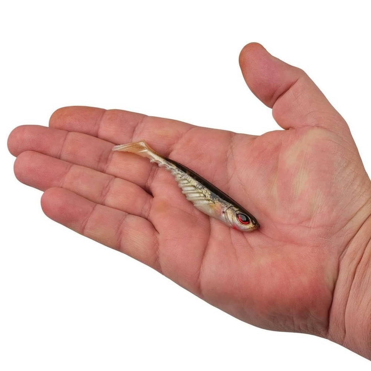 Red and olive soft plastic fishing lure with 3D red eyes, held in an open hand