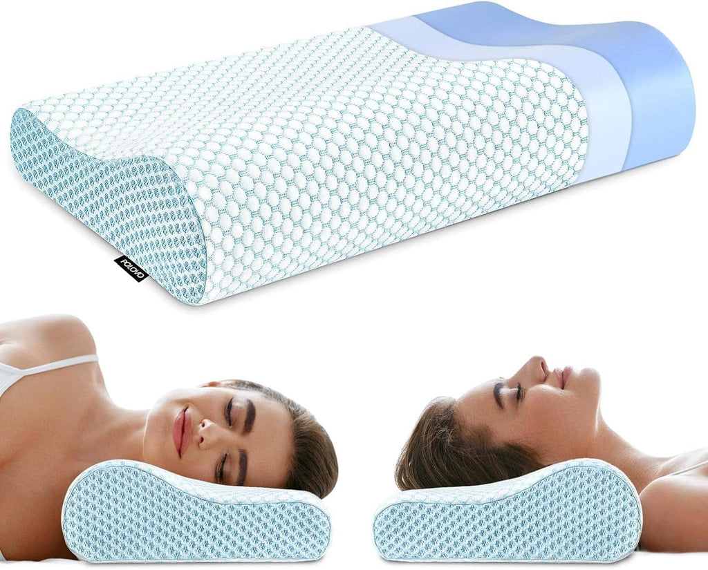 Light blue ergonomic memory foam bed pillow with contoured neck support and curved shape