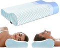 Light blue ergonomic memory foam bed pillow with contoured neck support and curved shape