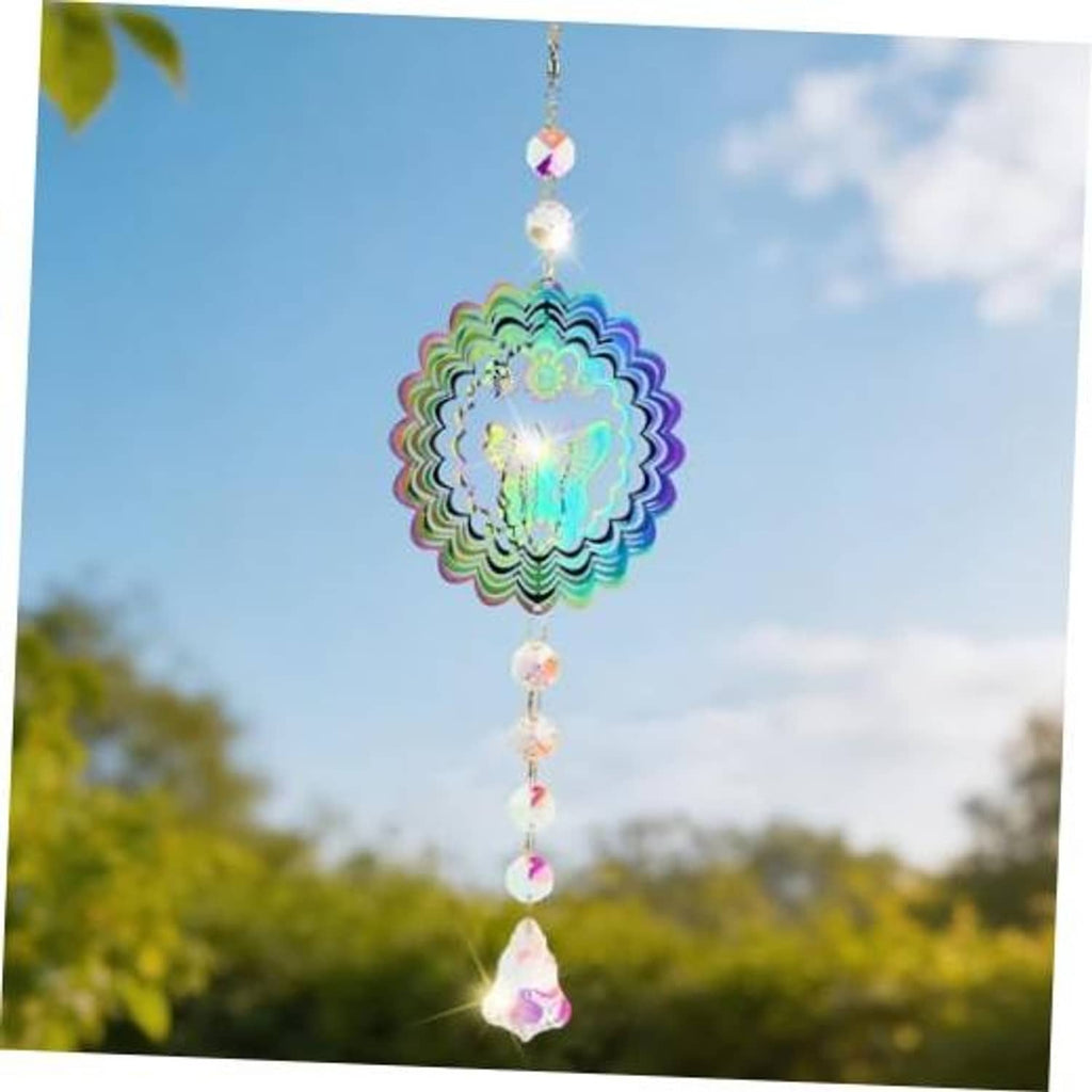 Iridescent butterfly suncatcher wind spinner with scalloped crystal disc and dangling bead chain