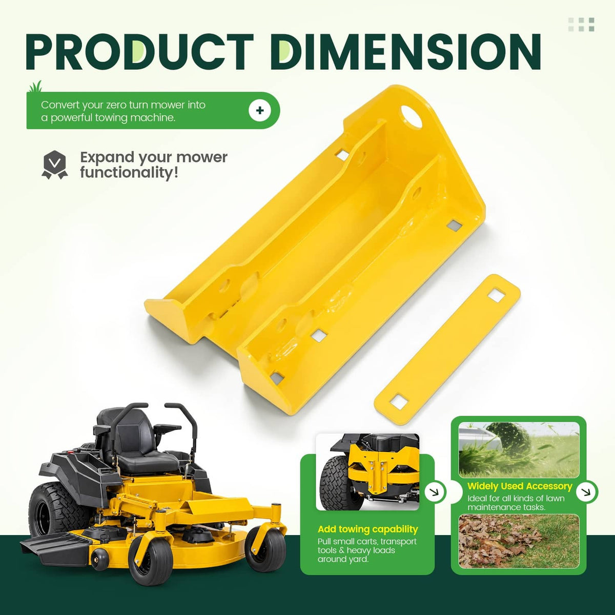 Yellow towing hitch bracket and matching strap with mounting slots