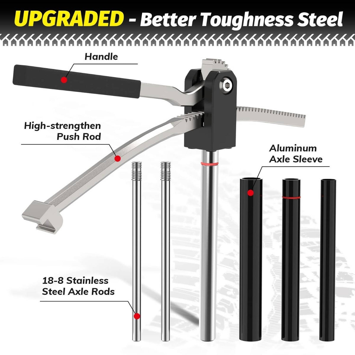 Tire changing tool kit with black handle, push rod, stainless axle rods, and aluminum sleeve