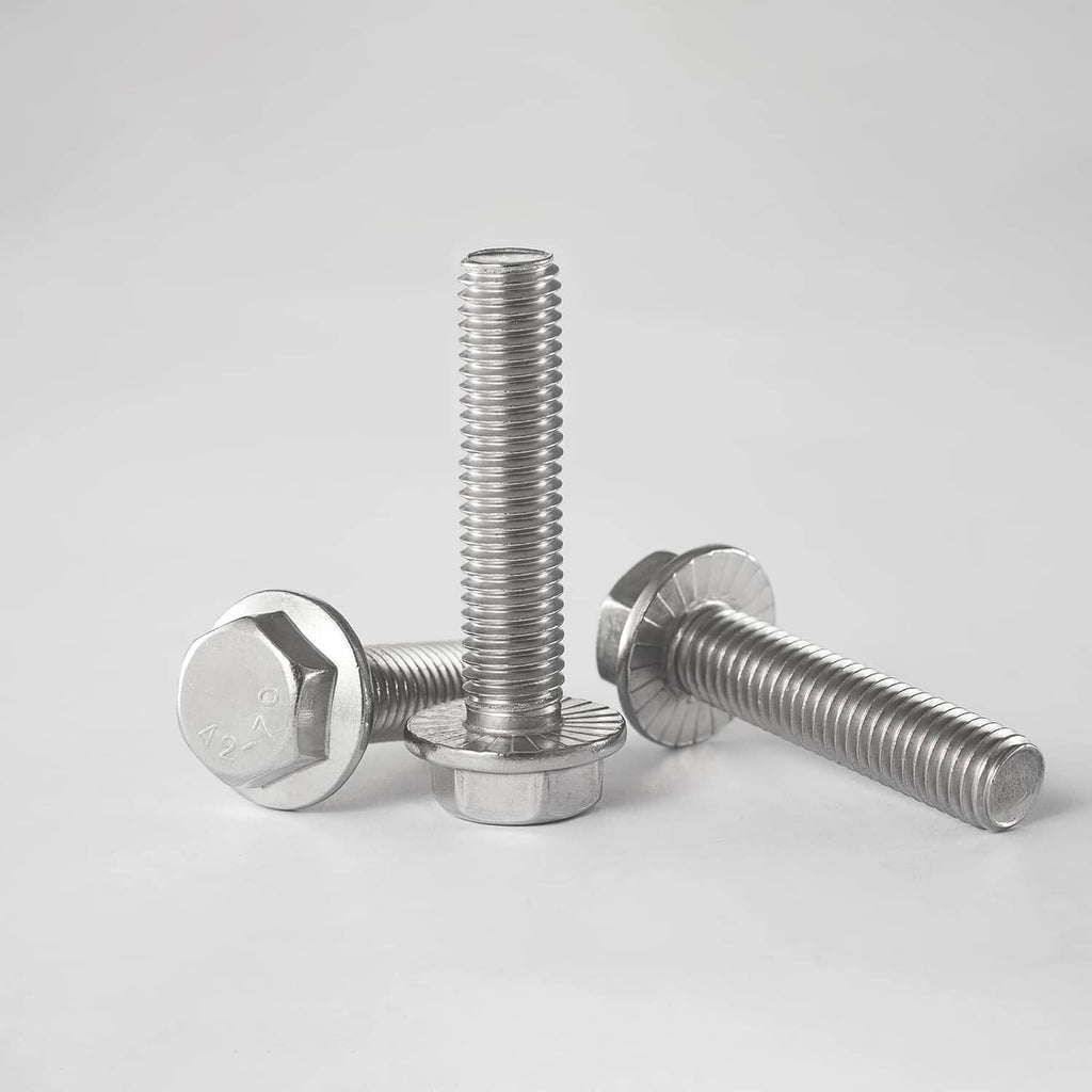 Silver flanged hex head bolts with washer-like flanges beneath hex heads