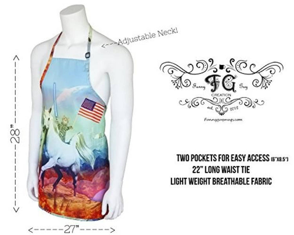 Mannequin apron: adjustable neck strap, unicorn print, red trim, front tie