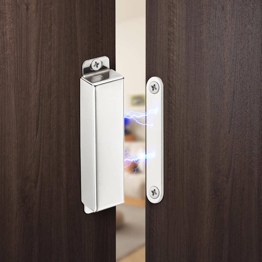 Stainless steel magnetic door catch with strike plate mounted on a wooden door