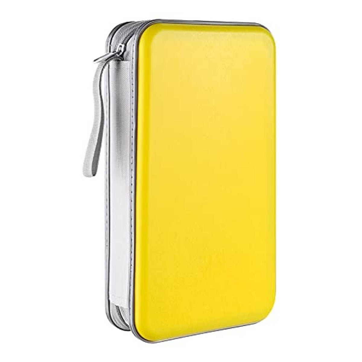 Yellow hard plastic CD/DVD storage case with gray zipper and wrist strap