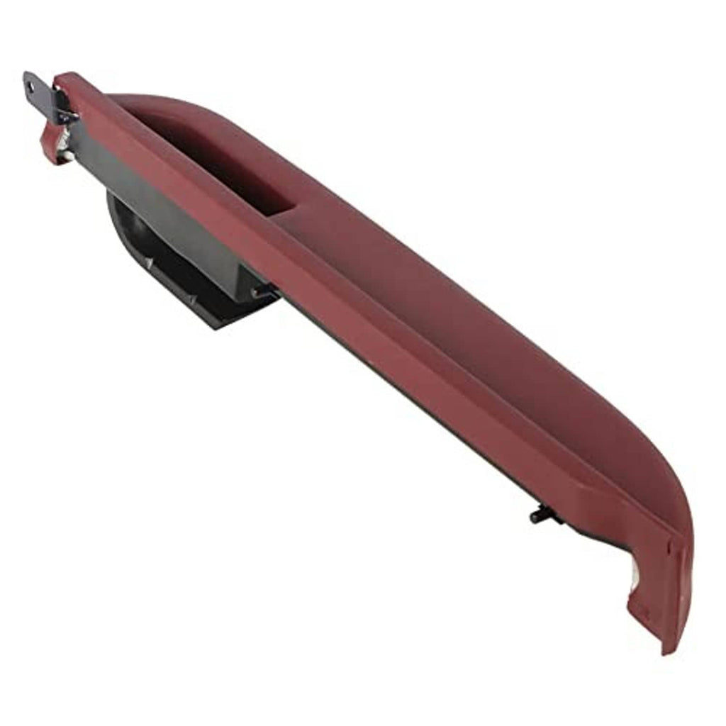 Red front driver side door armrest replacement, underside view with latch hardware