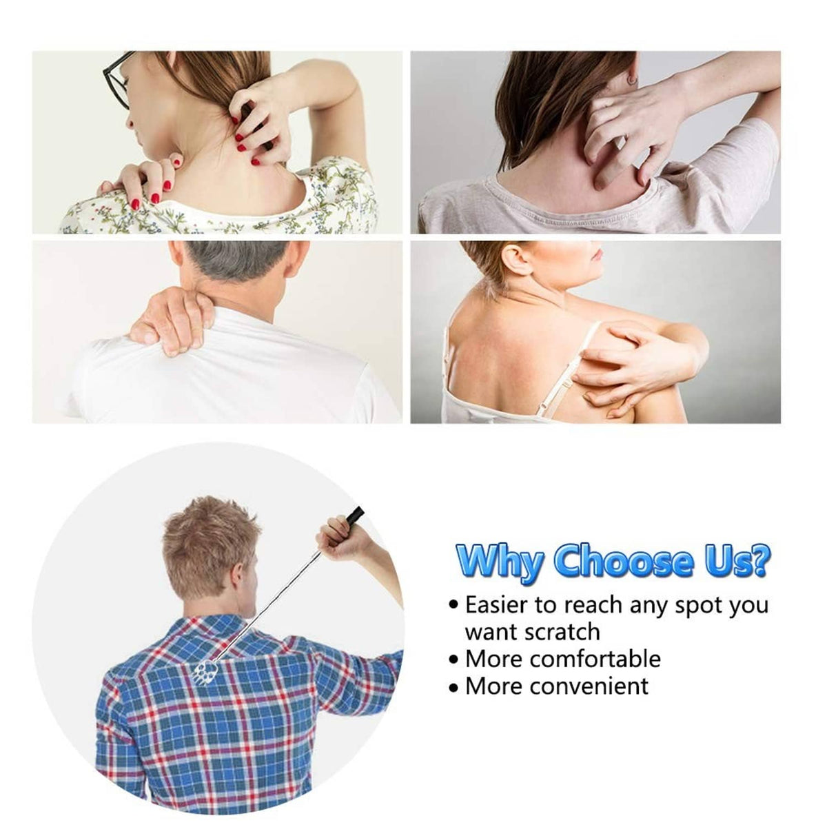 Back scratcher use illustration showing people rubbing shoulders and upper backs