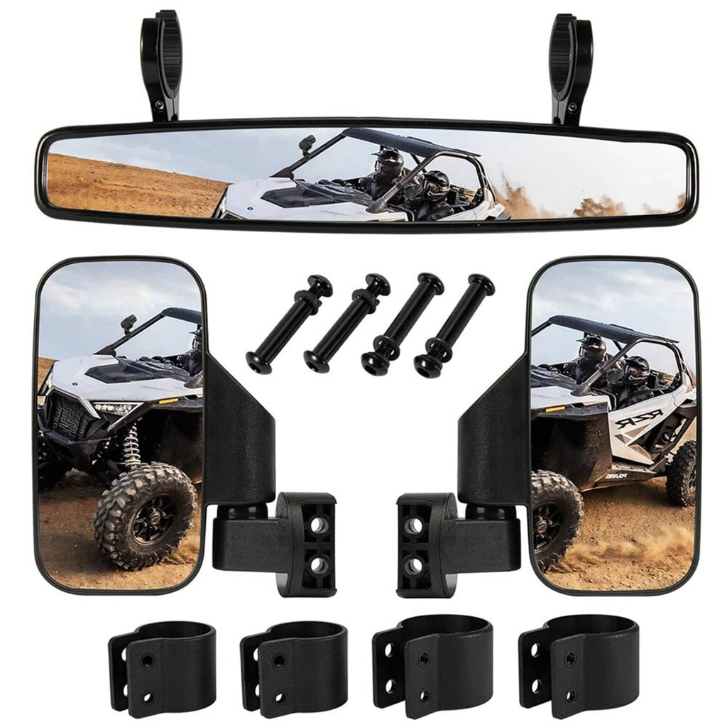 UTV center and side mirrors kit with strap mounts, screws, and installation hardware