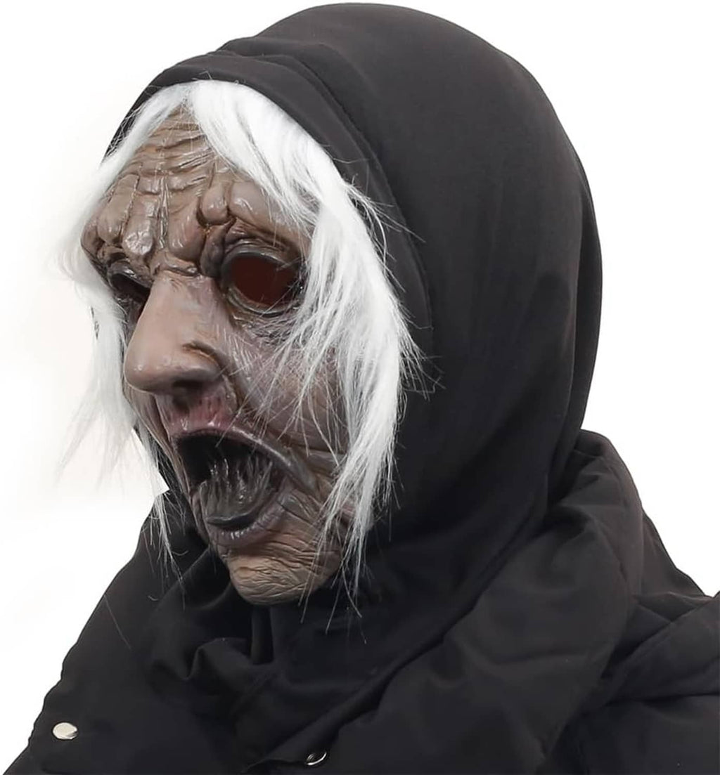 Aged face mask with pale wrinkled skin, white wig, black hood, side profile