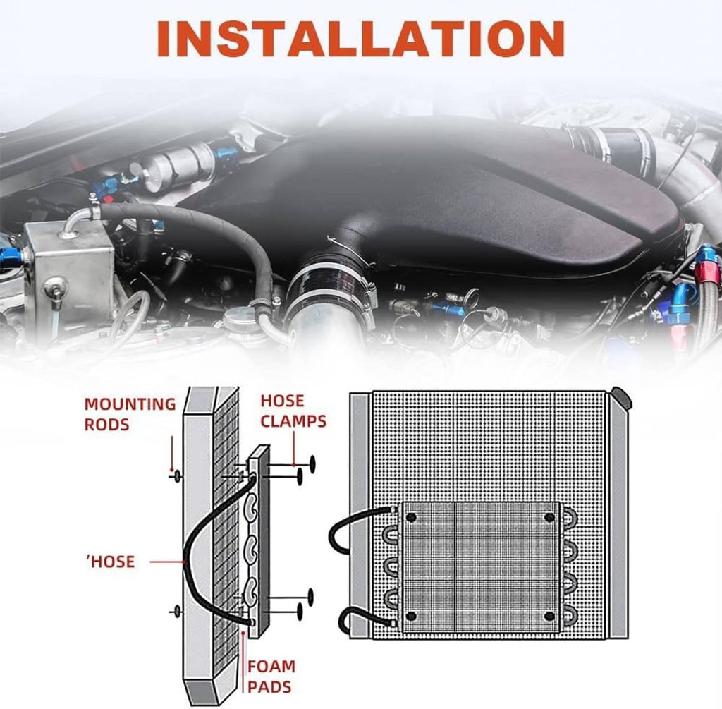 Transmission oil cooler radiator with installation diagram showing mounting rods and hoses