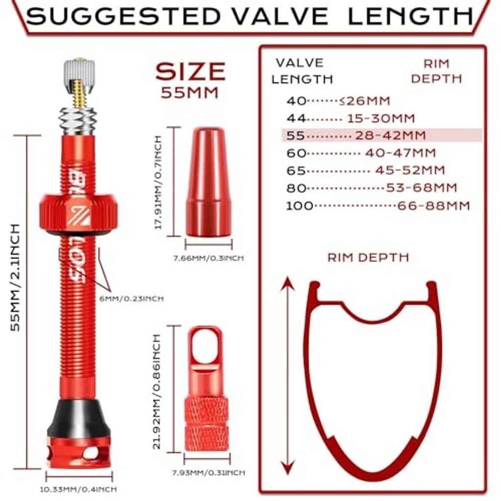 55mm red Presta valve stem with size and rim-depth diagram