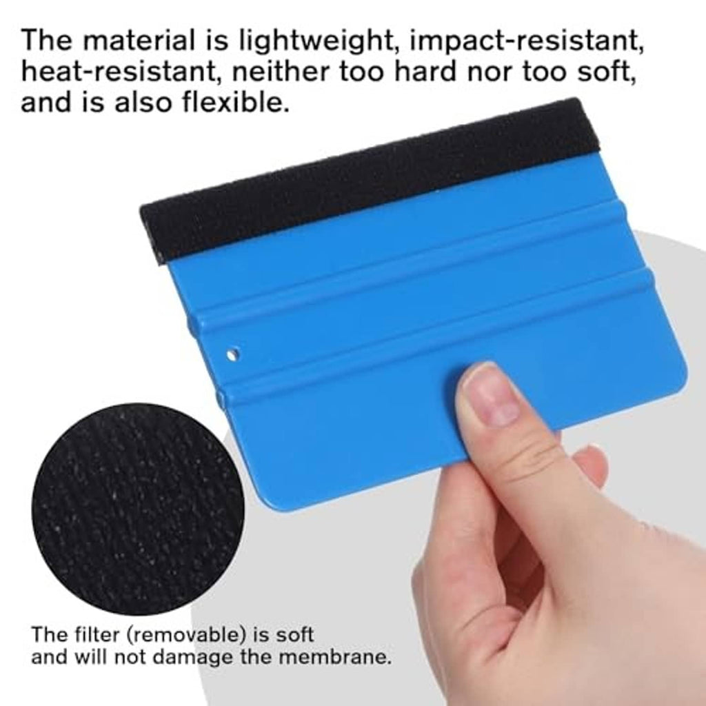 Vinyl wrap squeegee with black felt edge, blue scraper held by fingers