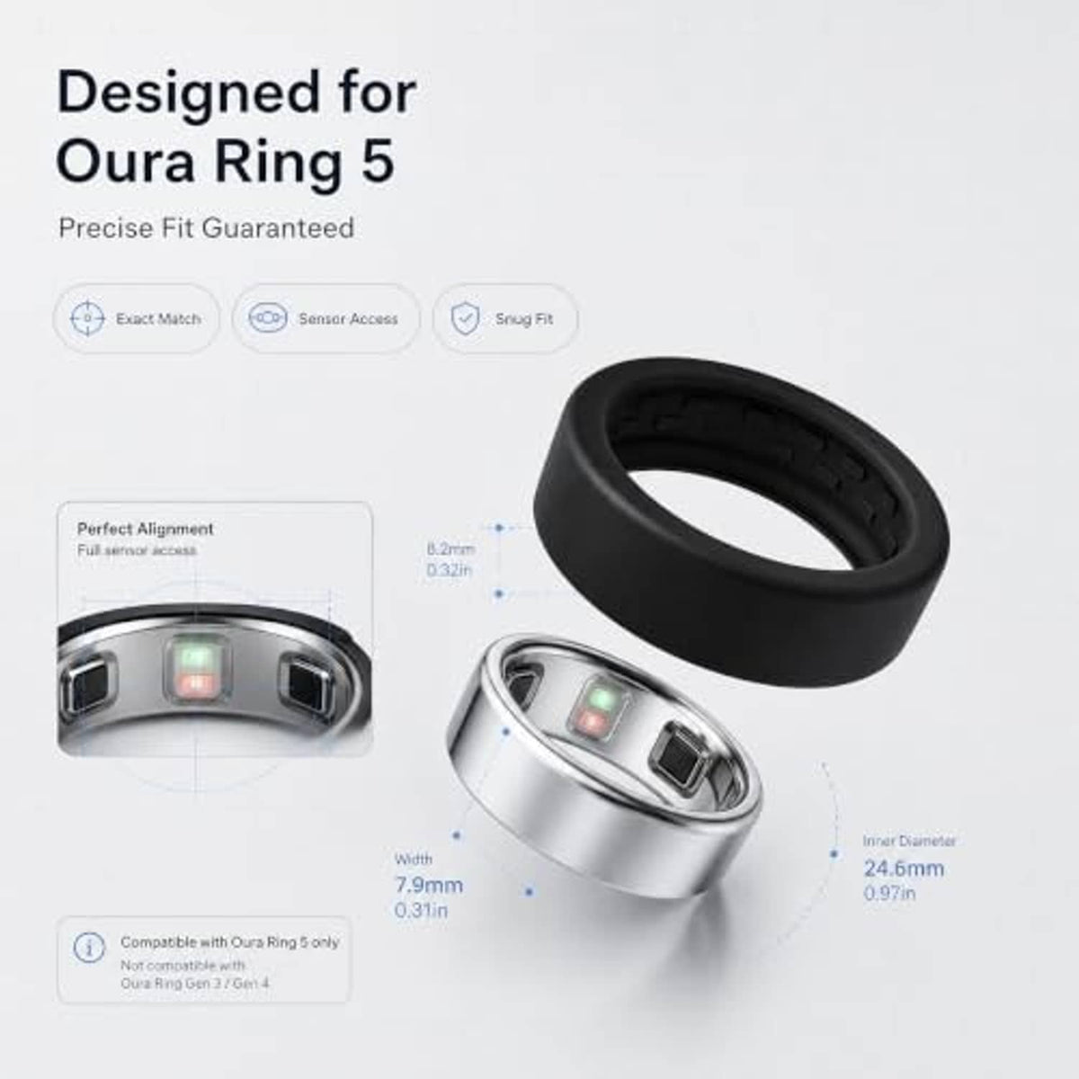 Black and silver silicone ring covers with cutouts for device sensor modules