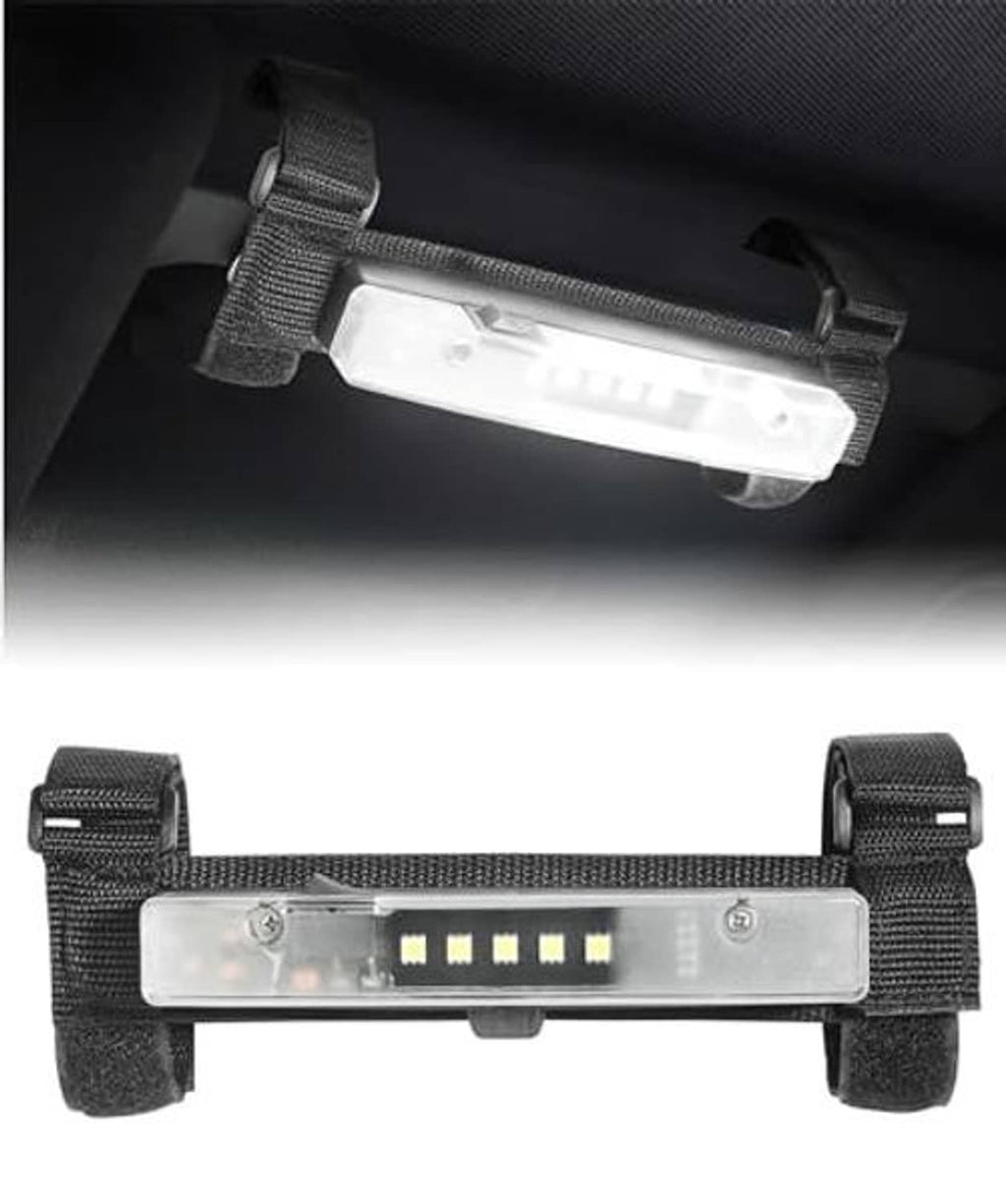 LED dome light bar with clear cover, multiple LEDs, and black nylon strap mounts