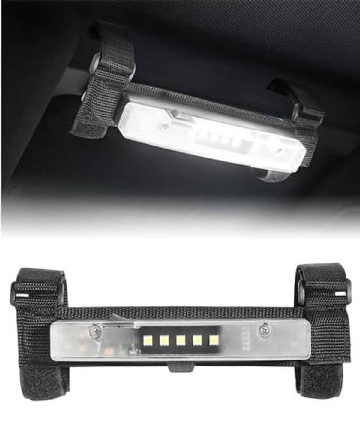 LED dome light bar with clear cover, multiple LEDs, and black nylon strap mounts