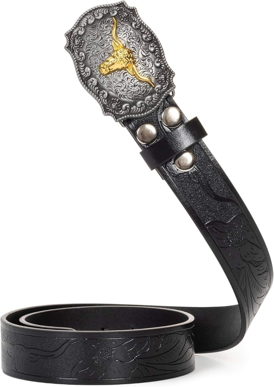 Western belt close-up: black embossed strap with gold longhorn buckle and metal studs