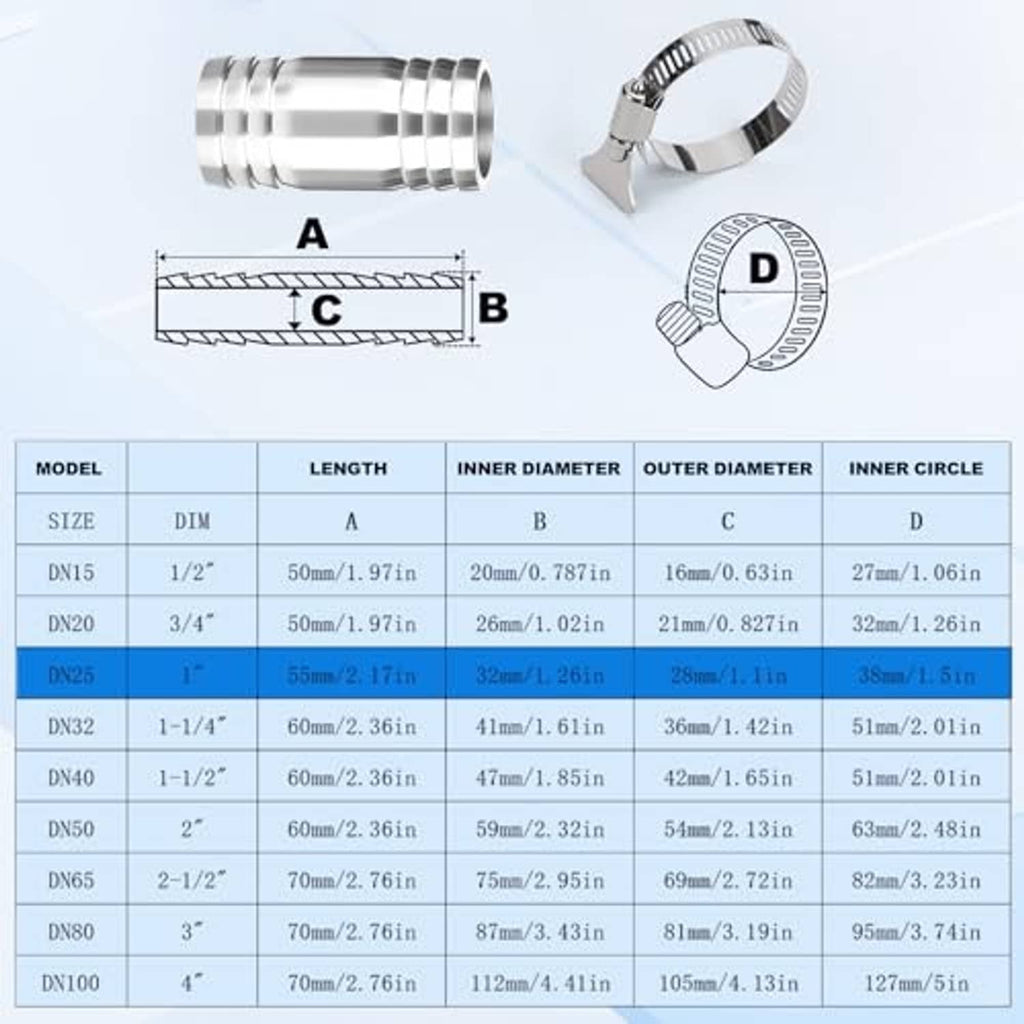 Stainless steel hose barb fitting with clamp, shown with size measurement diagram