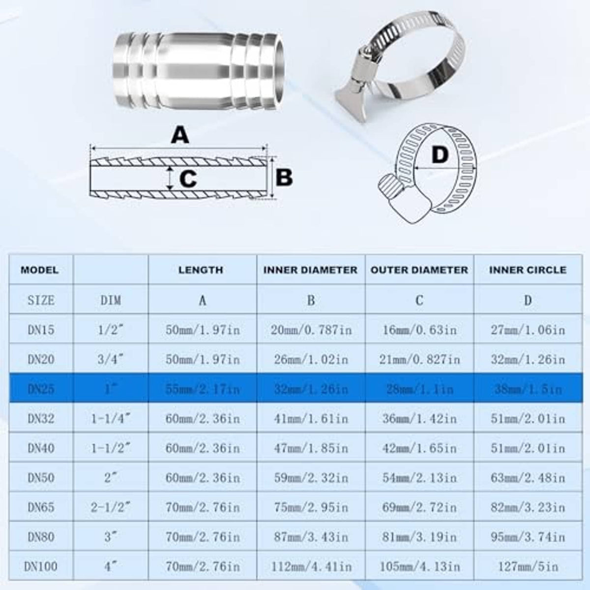 Stainless steel hose barb fitting with clamp, shown with size measurement diagram