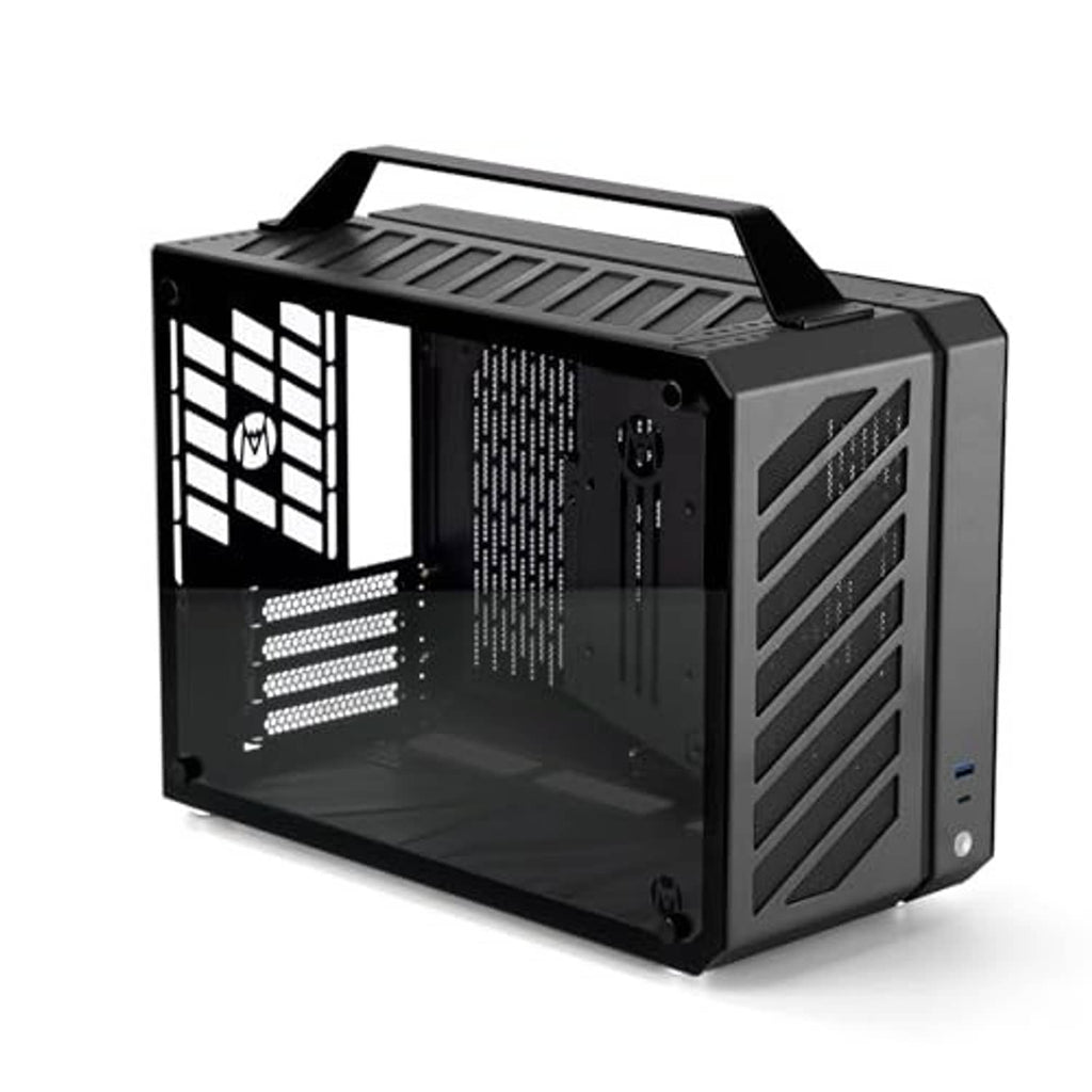 Black compact PC case with open side window and front grille ventilation