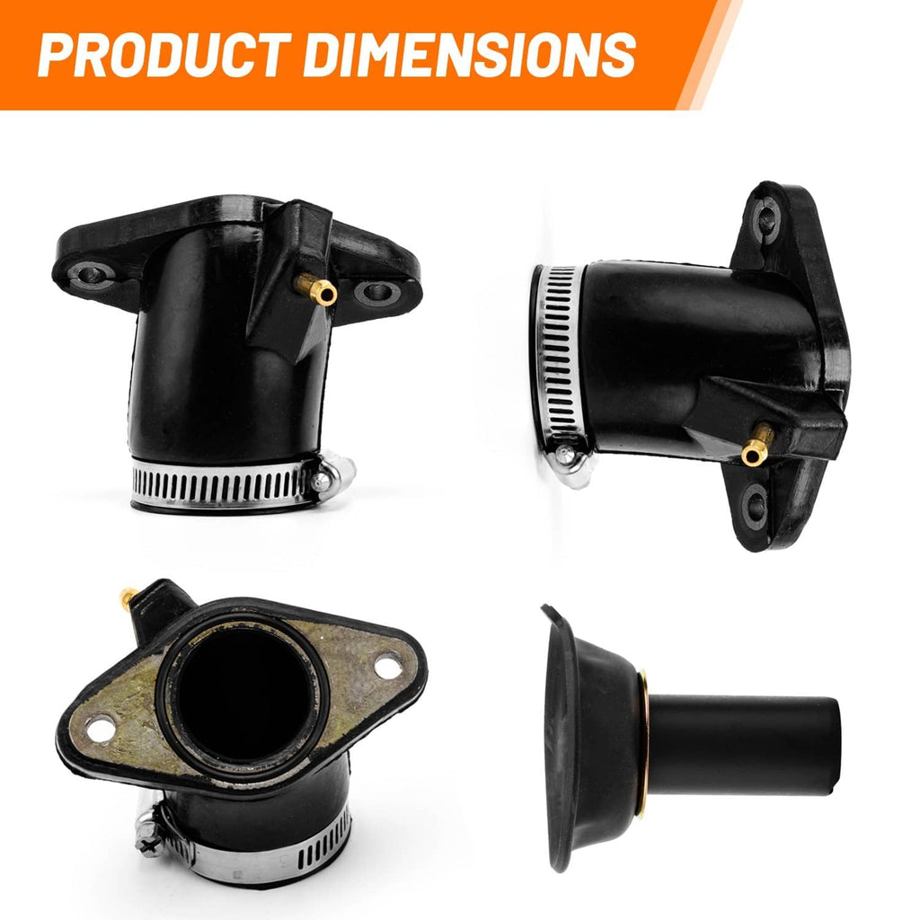 Carburetor rebuild kit with two black intake manifolds, two boots, and two intake gaskets