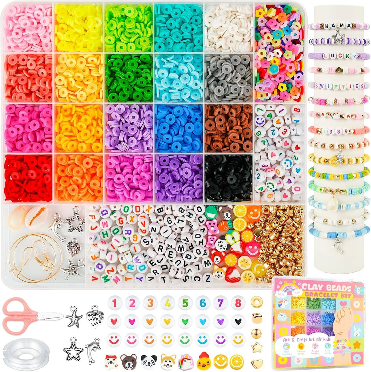 Bracelet making kit with multicolor clay beads, letter charms, string and tools