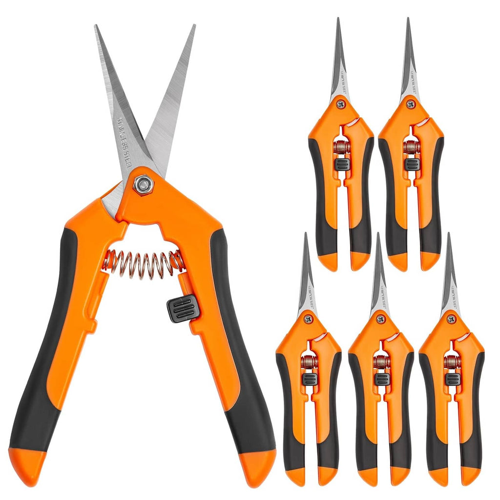 GROWNEER orange pruning shears, black non-slip handles, 6-pack of hand snips